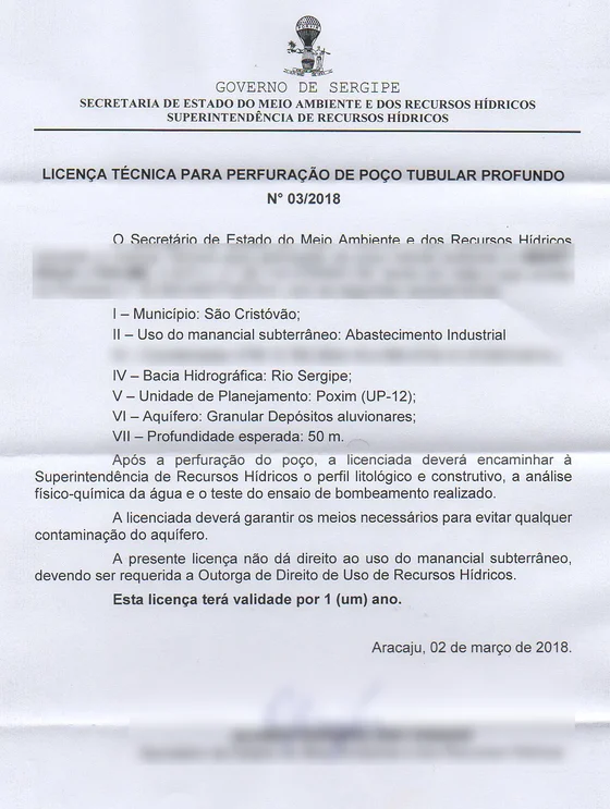 Licença técnica para perfuração de poço tubular profundo, com dados do titular ocultos