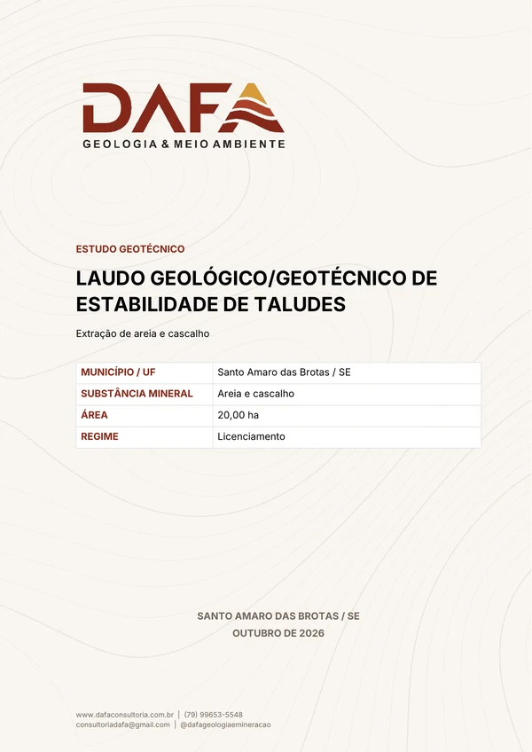 Capa de laudo geológico e geotécnico de estabilidade de taludes no modelo DAFA