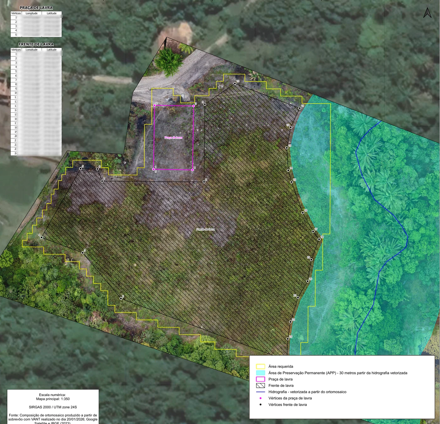 Planta de detalhe com frente de lavra, praça de lavra e APP de 30 m delimitadas sobre ortomosaico de drone